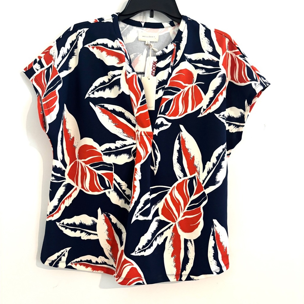 Melloday Navy & Peach Floral‎ Print Size L Women's Top NWT
